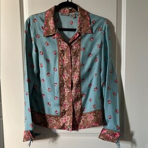 Silk Elevenses Anthropologie Blouse Top Blue Floral 8